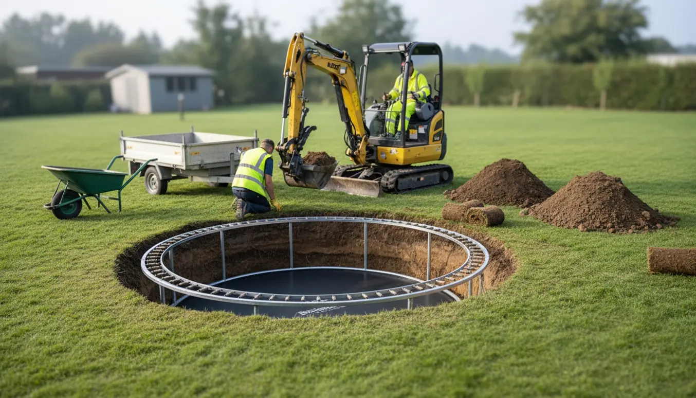 Nedgravning af en stor trampolin på græs med minigraver og opgravet jord klar til fjernelse.