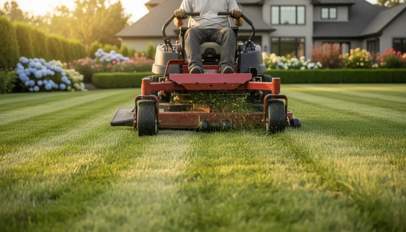 En plæneklipper skaber klare striber på en stor sommergræsplæne mens føreren står med ryggen til.