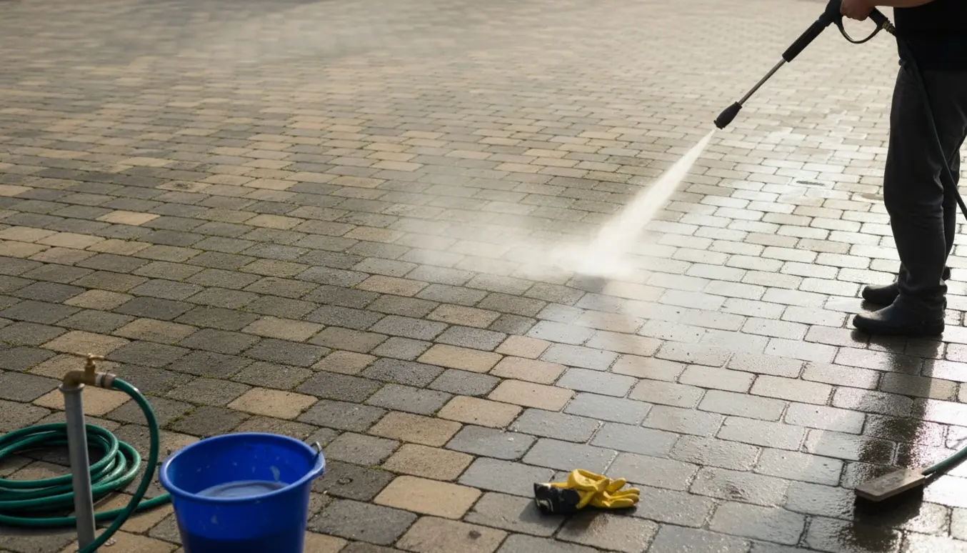 Udendørs fliseområde rengøres med højtryksrenser og haveslange, hvor halvdelen er ren og halvdelen stadig snavset.