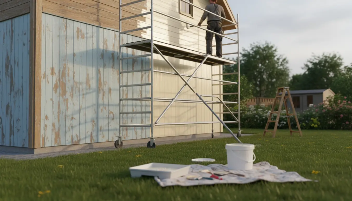 Et træhus males fra et stillads med rulle, malerbøtte og afdækningsdug i blødt eftermiddagslys.