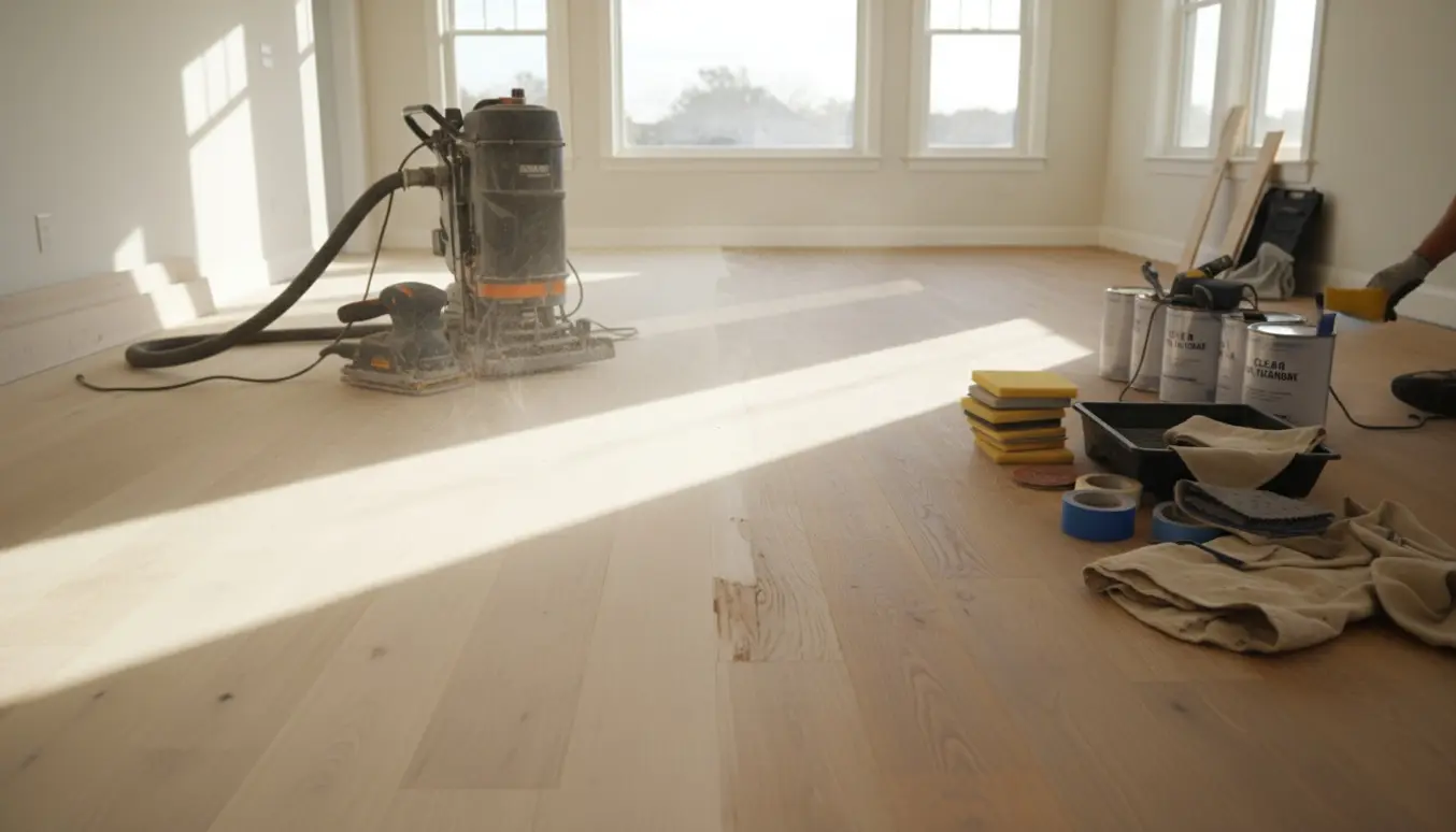Tom, soloplyst stue med delvist slebet egetræsgulv, gulvsliber og materialer klar til efterbehandling.