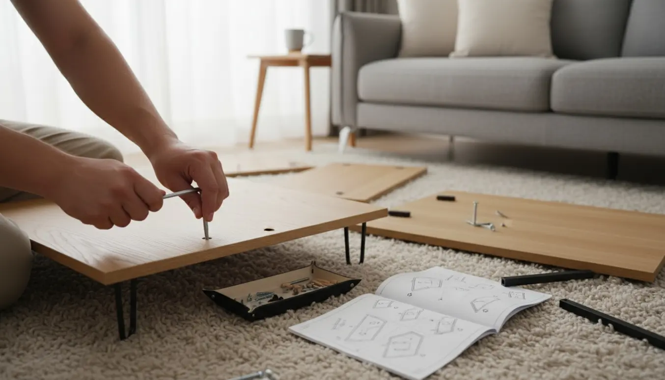 Hænder samler et fladt pakket sofabord i en lys stue med værktøj og skruer.