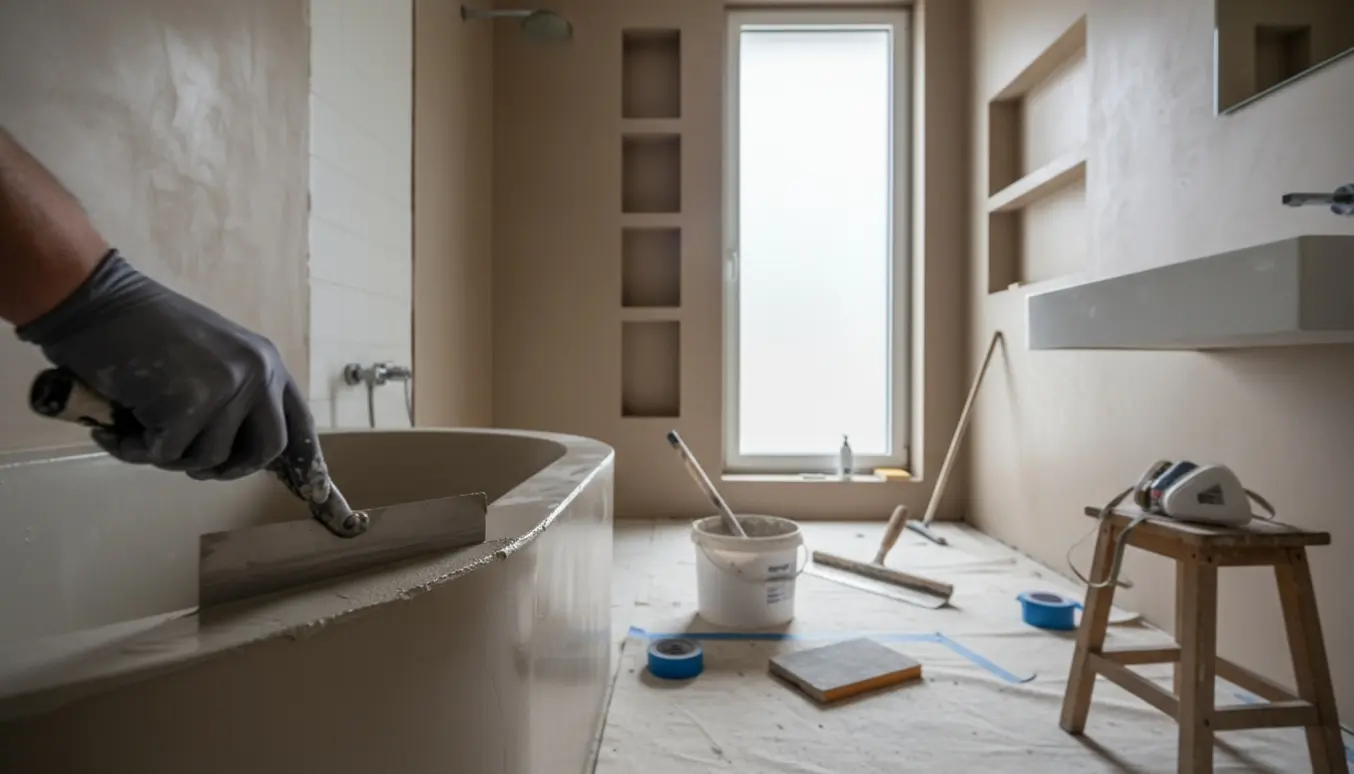 Nærbillede af et badeværelse under renovering, hvor mikrocement bliver spartlet ud over fliserne.