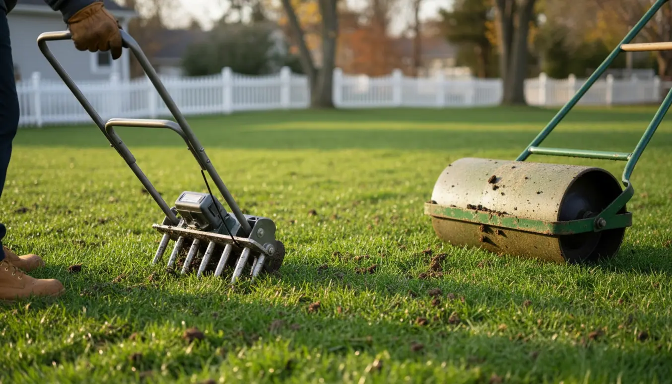 Plæneluftning med synlige jordpropper og en tromle på en grøn græsplæne.