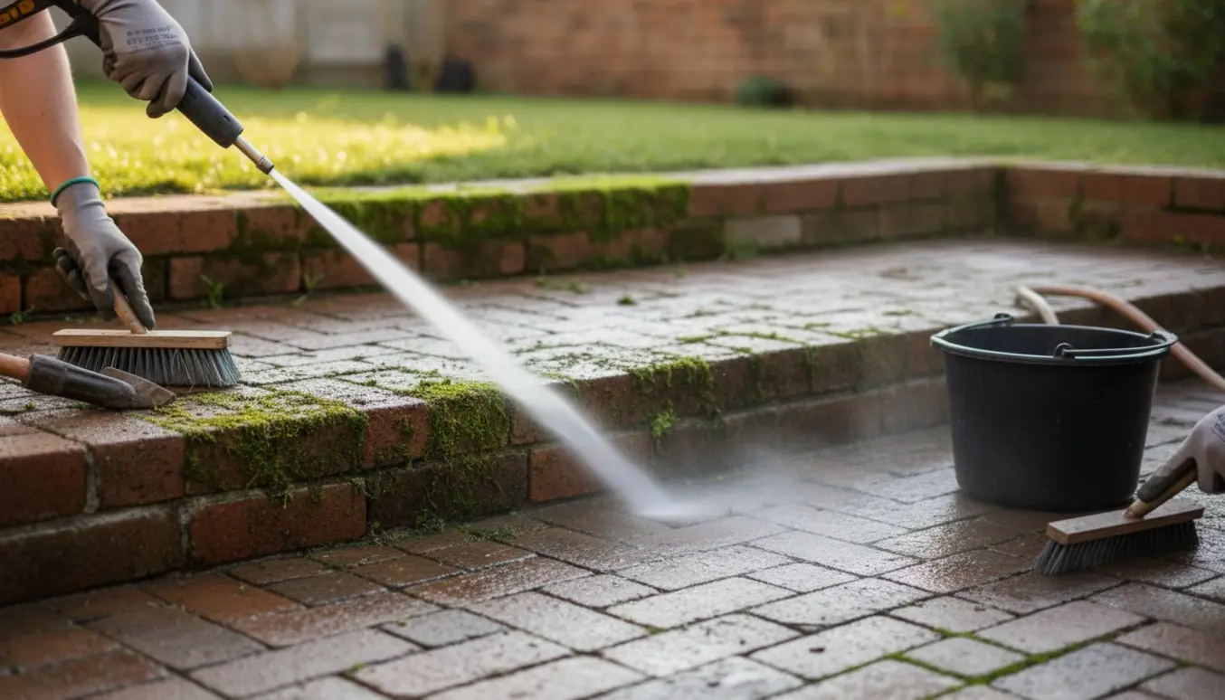 Tre små munkestensterrasser renses for mos og ukrudt med højtryksrens og kost i blødt morgenlys.