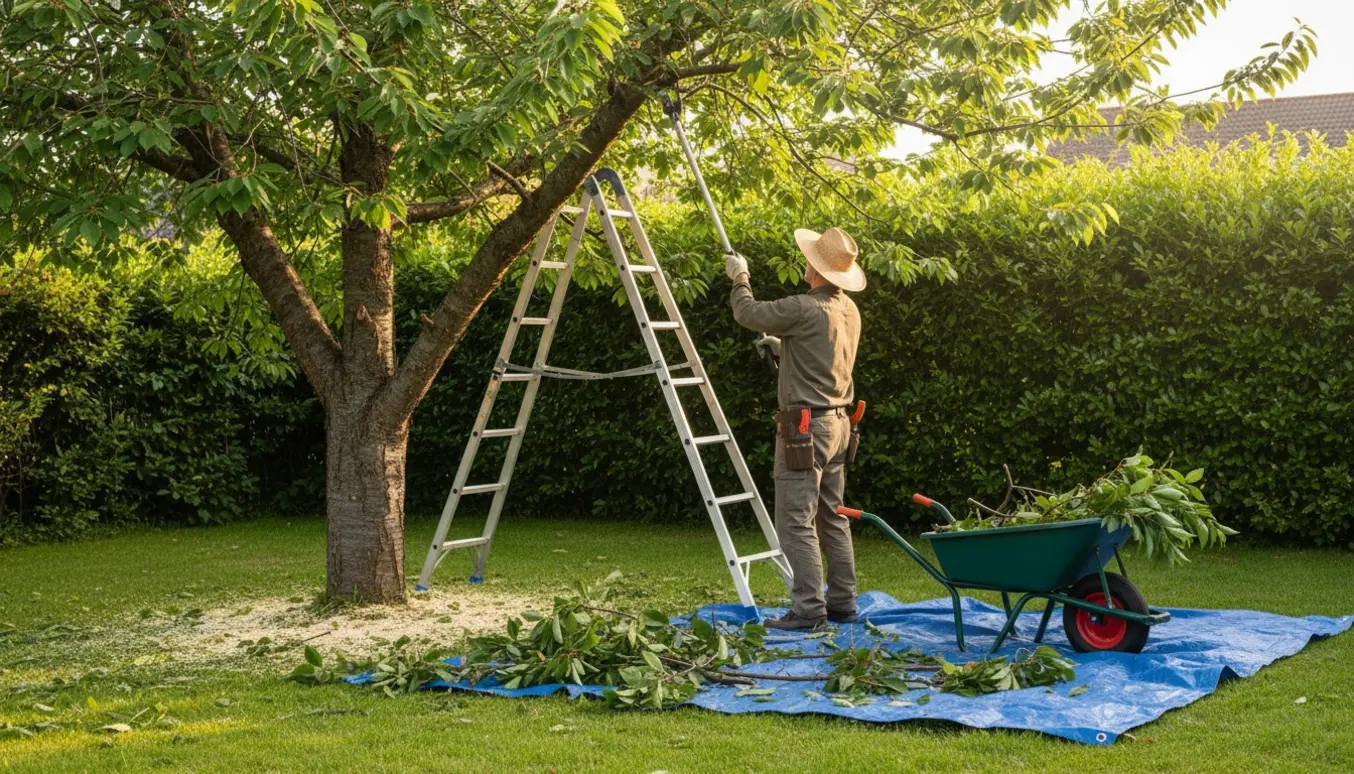 Beskæring af et stort kirsebærtræ ved nabohækken med stige, sav og en vogn fyldt med afklip i solskin.