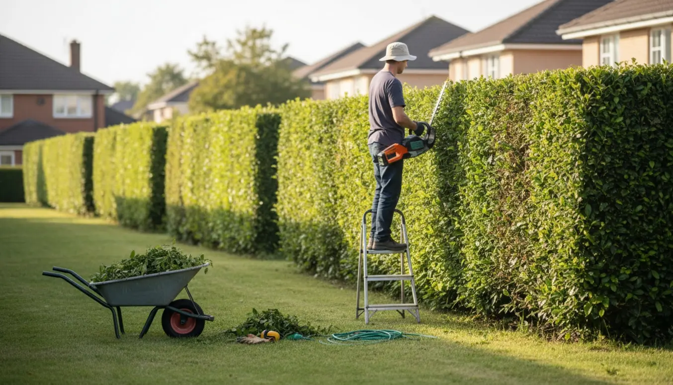 En havearbejder trimmer toppen og den ene side af en lang hæk med grønne afklip på jorden.