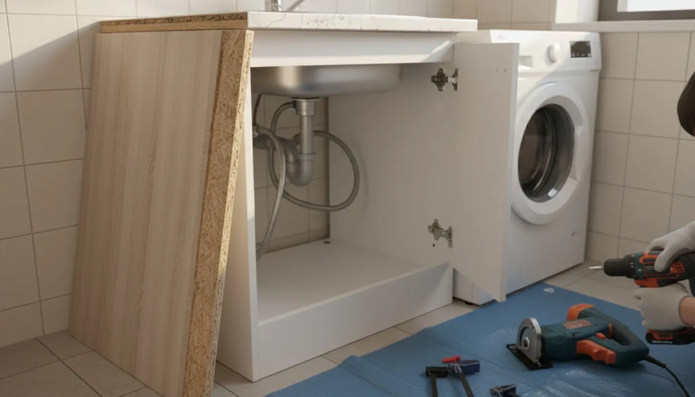En håndværker forkorter og flytter et køkkenbord med vask for at skabe plads til en dyb vaskemaskine.