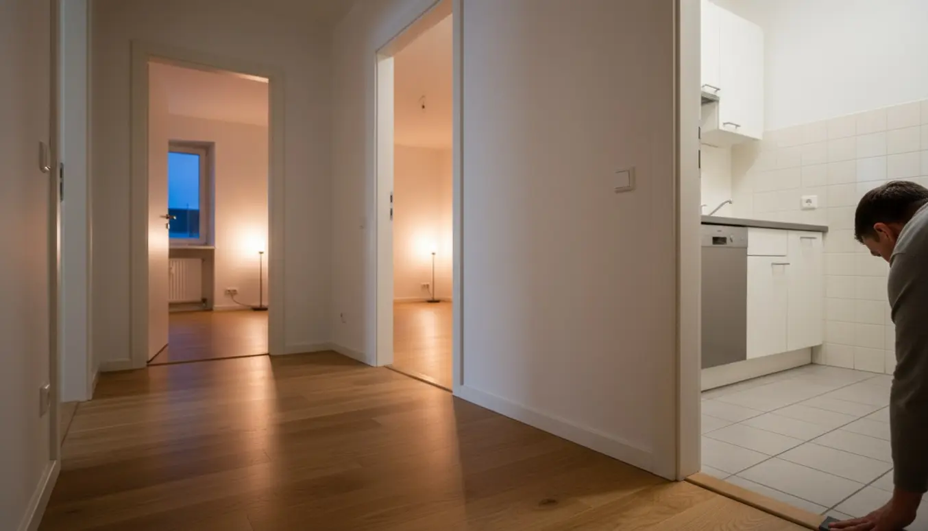 Nyistandsat lejlighed med rene dørkarme og lister i oplyst gang og åbne rum.