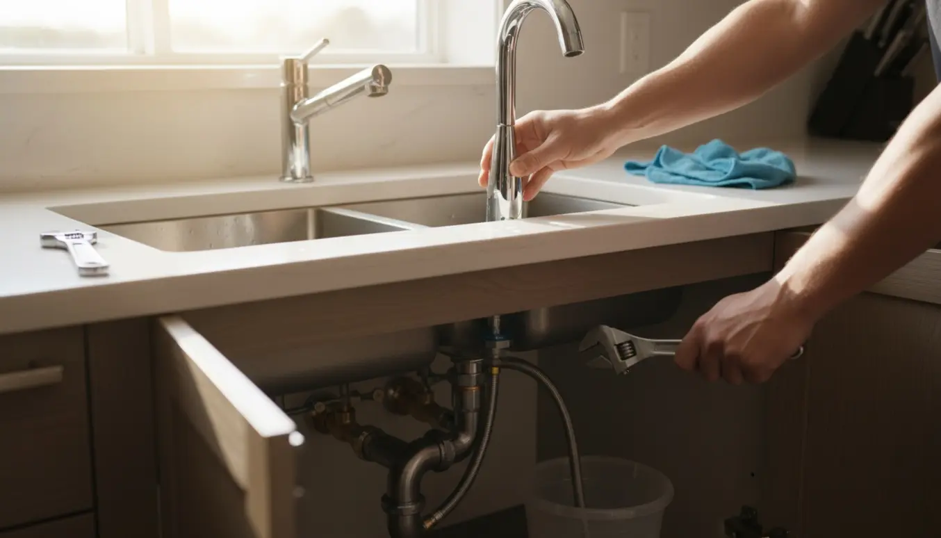 Hænder installerer et nyt krom køkkenarmatur over en rustfri stålvask i et lyst køkken.