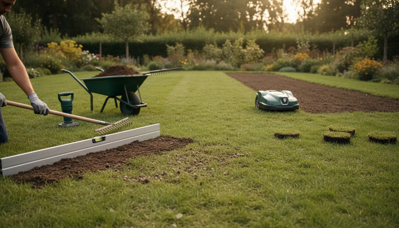 En person jævner en let skrånende græsplæne med rive og pladevalse, omgivet af træer og bede.