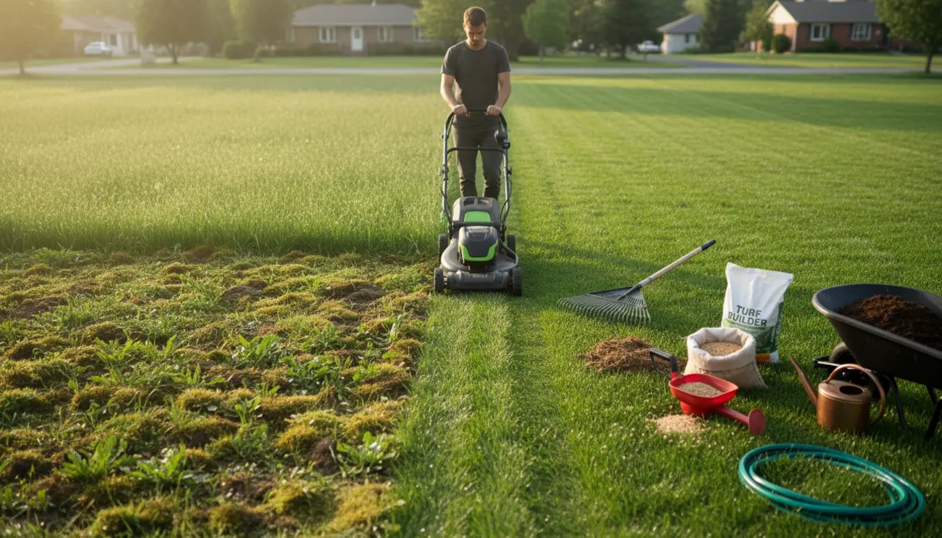 Forsømt stor græsplæne delvist genoprettet med haveredskaber og en person bagfra, der slår græs.
