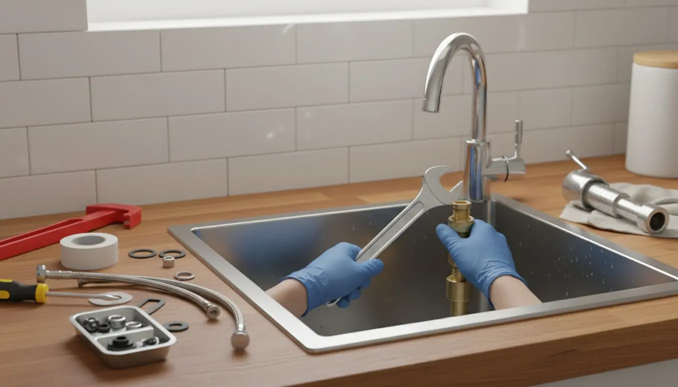 Nyt krom køkkenarmatur er delvist monteret over en vask, mens hænder arbejder med værktøj.