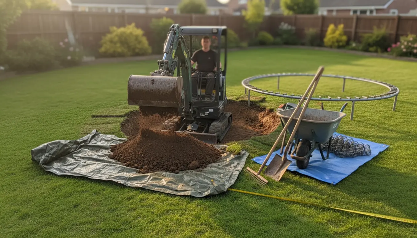 Mini-gravemaskine fjerner jord i en baghave, klar til at lave hul til trampolin.