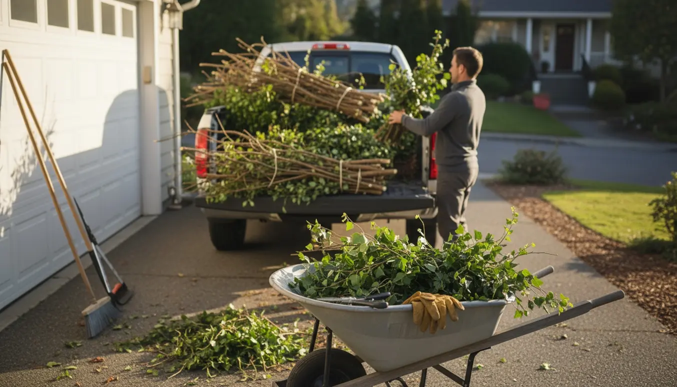 Haveaffald som afklippede grene, efeu og små buske læsses på trailer i en solfyldt indkørsel.