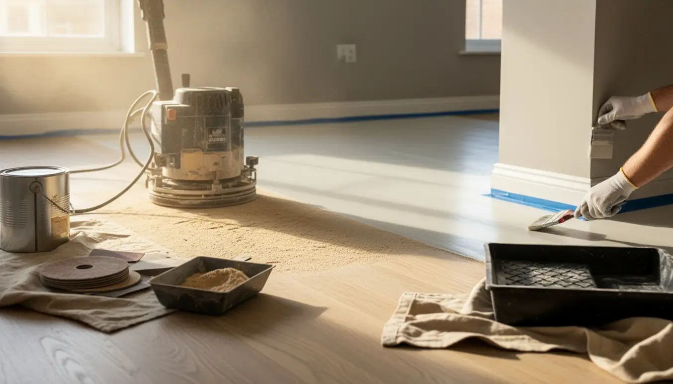 Delvist slebet gulv med malerulle, pensel og nyligt malet fodliste i blødt naturligt lys.