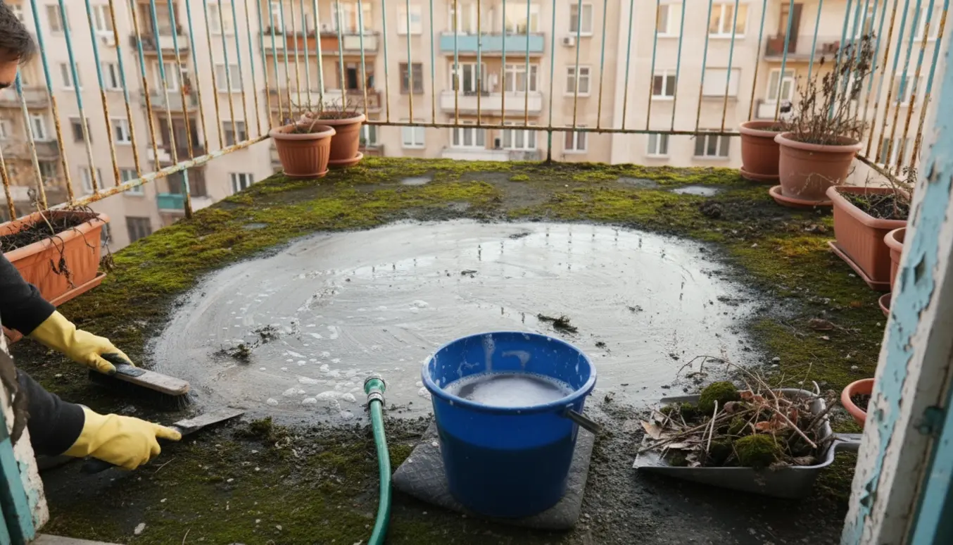 Gloved hænder skrubber mos og snavs væk fra en gammel altan med børste, spand og slange.
