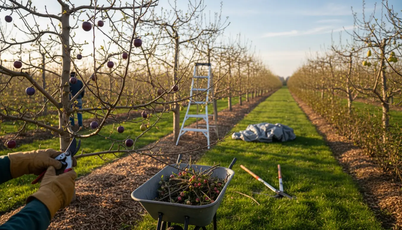 Beskæring i en frugtplantage med beskæringsværktøj, stablede grene og frugttræer i morgensol.