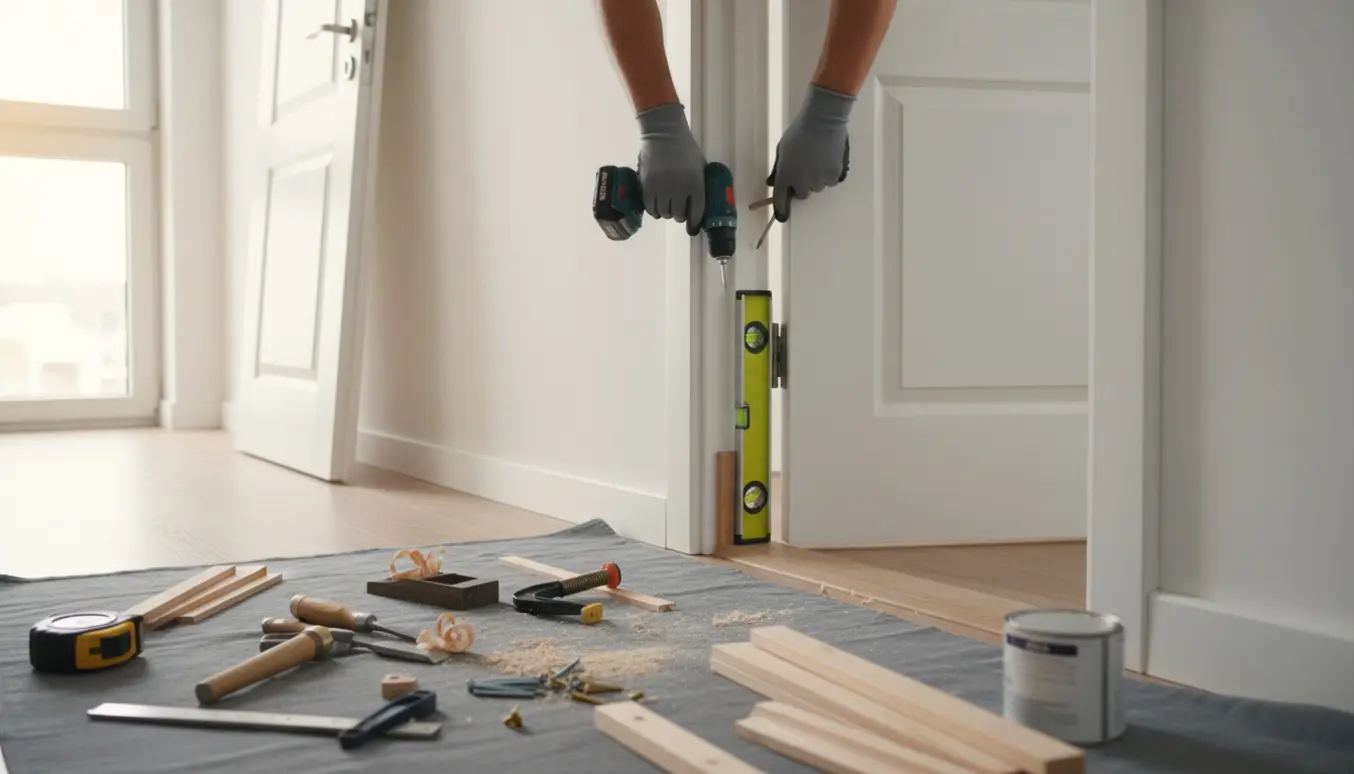 Hænder justerer karm og hængsler på en skæv indvendig dør med værktøj og gerigter klar.