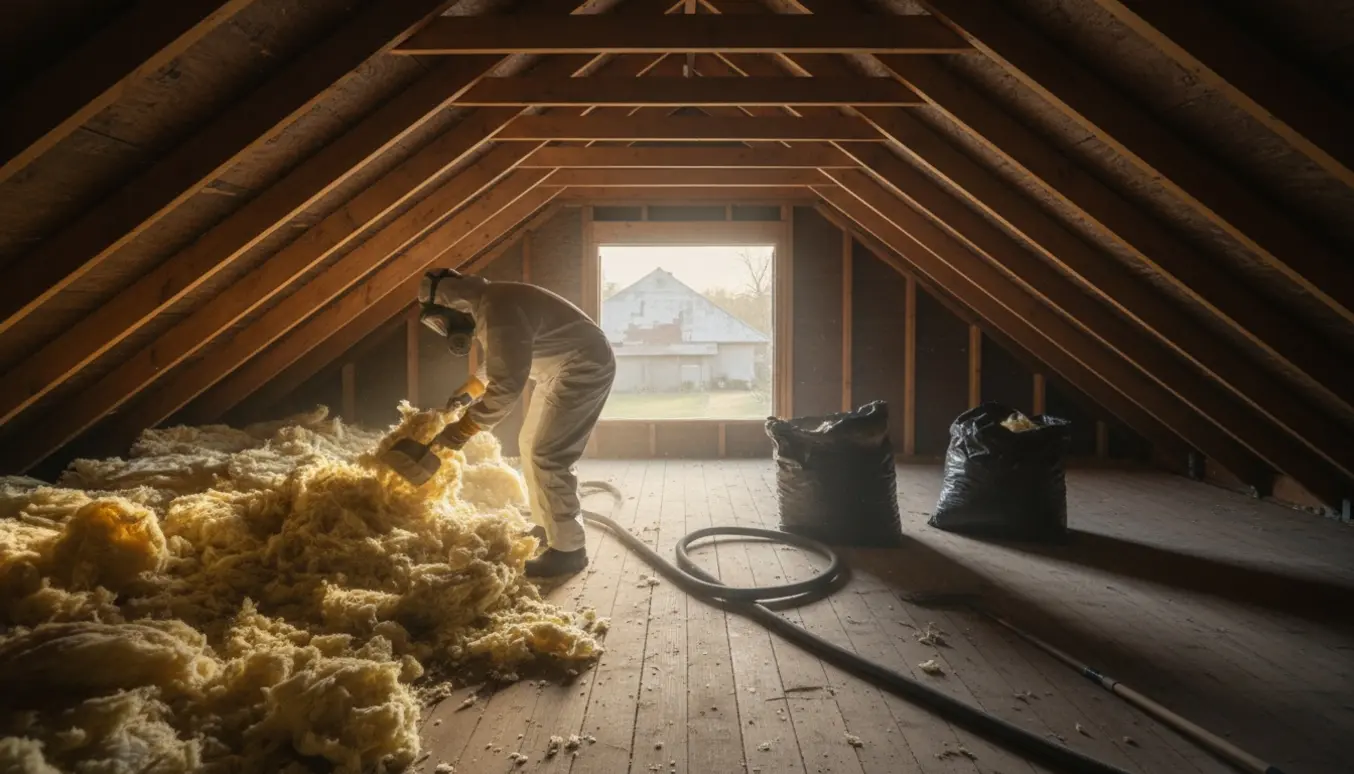 Loft set-up med håndværker, der fylder sorte sække med et lag isolering gennem en gavlåbning.
