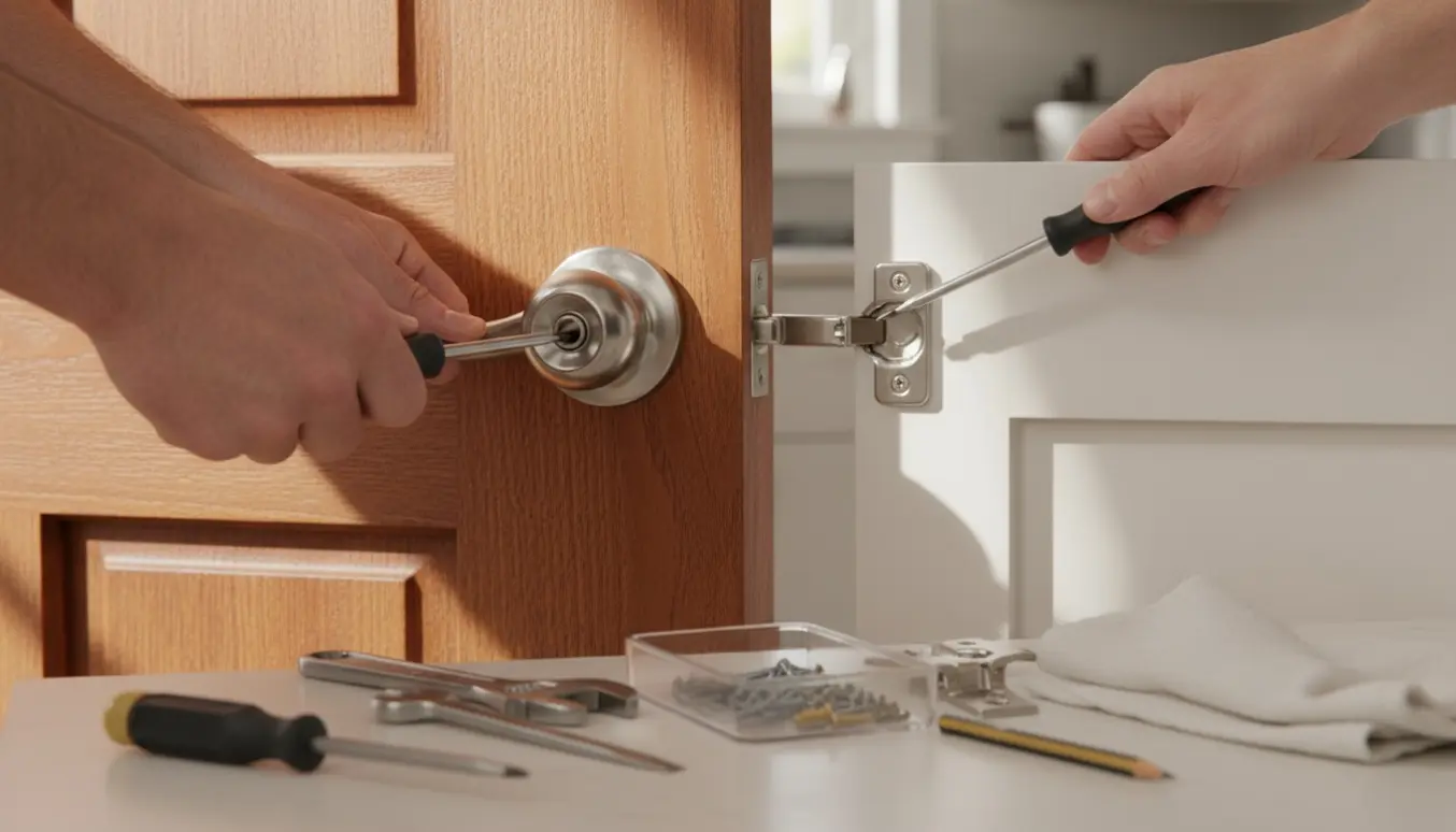 Nærbillede af hænder, der spænder et løst dørhåndtag og justerer en køkkenlåges hængsel.