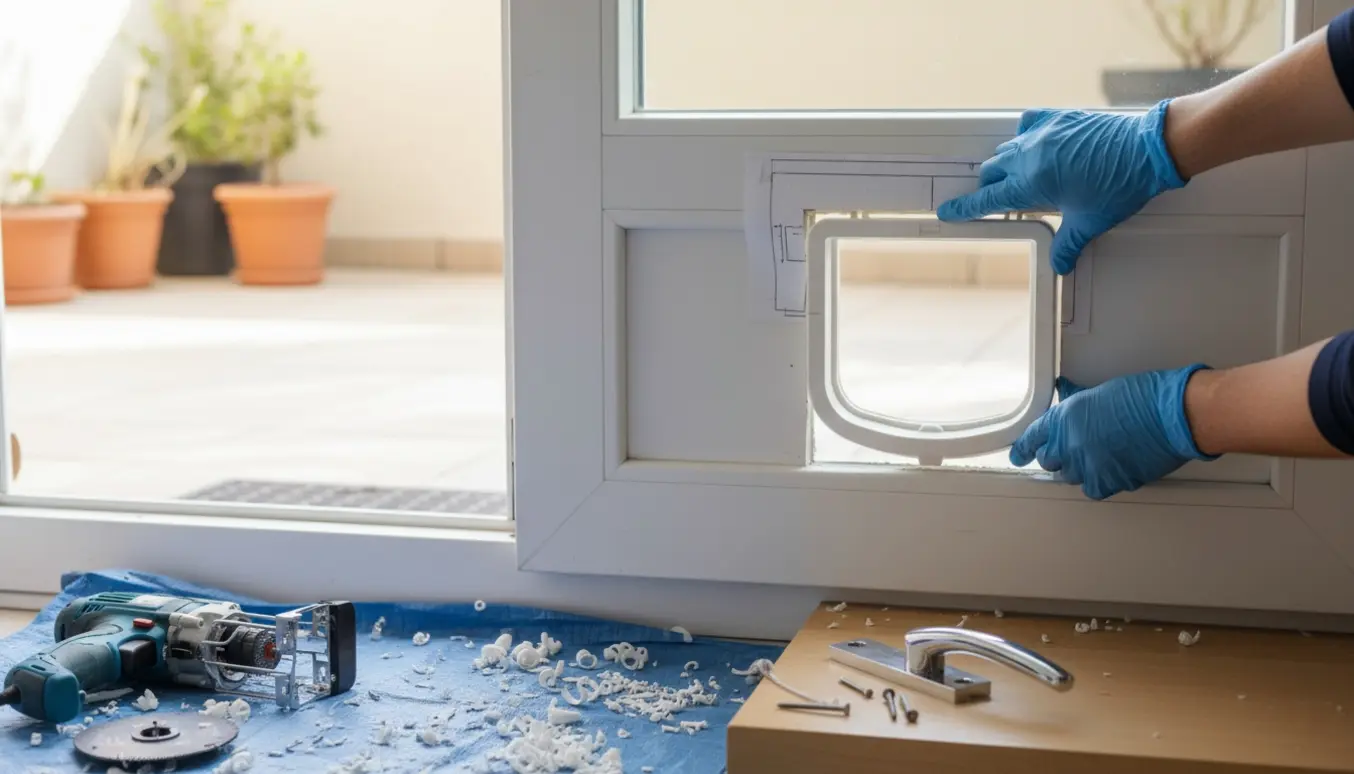 Hænder monterer en kattelem i en hvid plastterrassedør med værktøj og håndtag ved siden af.