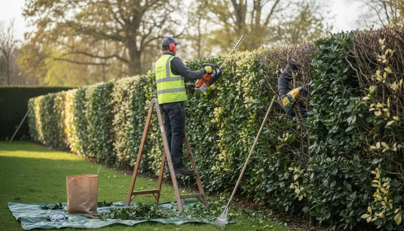 Lang vedbendhækkesektion under beskæring med hækkeklipper og samling af afklip.