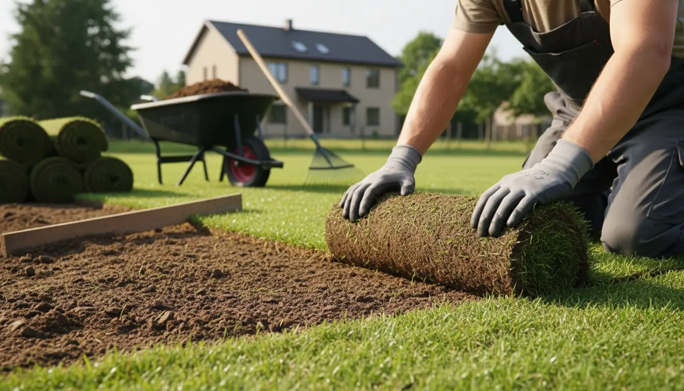 Rullegræs lægges i en næsten plan baghave med topjord, trillebør og værktøj, kun hænder og ryg synlige.