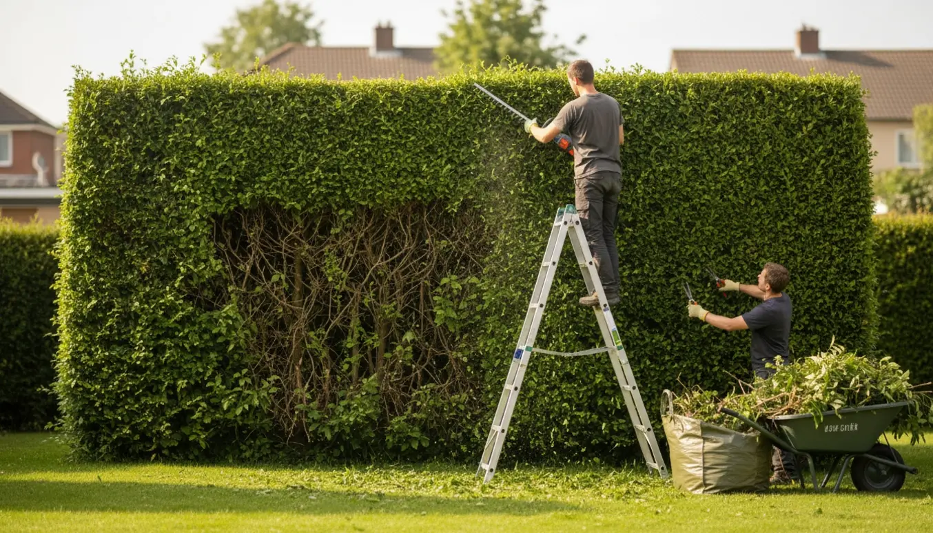 En person trimmer en for høj hæk fra en stige, med nyklippede grene samlet i en bunke på græsset.