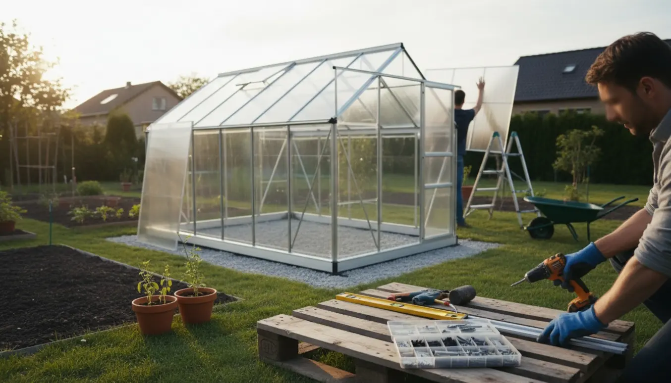 Delvist opsat drivhus i baghave med værktøj og handsker klar til montering.