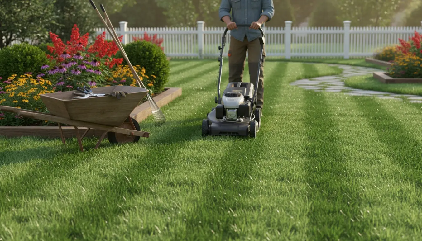 En person ses bagfra, mens en plæneklipper laver rene striber på en velplejet have.