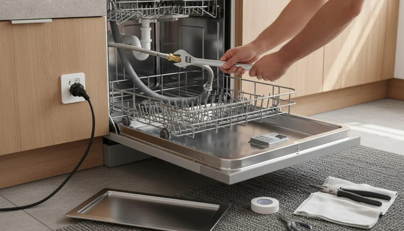 Nærbillede af hænder, der tilslutter vand- og afløbsslanger samt el til en opvaskemaskine under køkkenbordet.