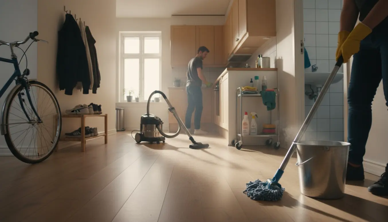 Solbelyst lejlighedsentré og køkken under hovedrengøring med moppe, støvsuger og rengøringsmidler.