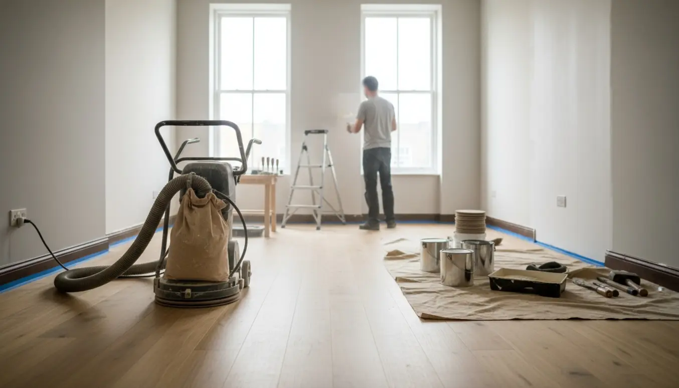 Delvist slebet trægulv og maler, der forbereder væggen i en lys lejlighed.