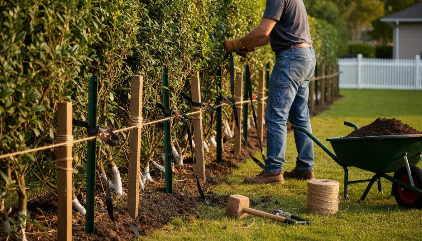 En person retter en væltet del af hæk op og fastgør den til pæle i forhaven.