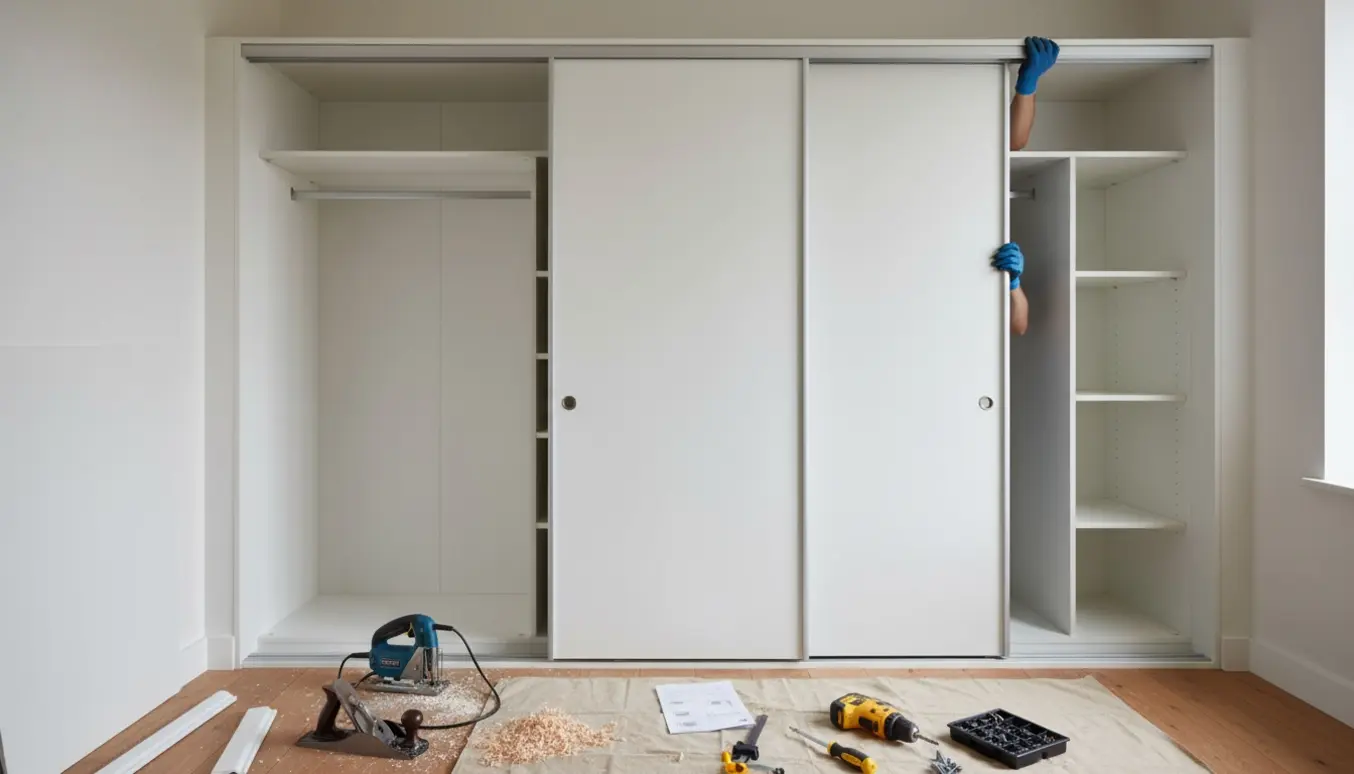 Nærbillede af montering af garderobe med skyde­døre og softclose, værktøj og fjernede kvartstaflister på gulvet.