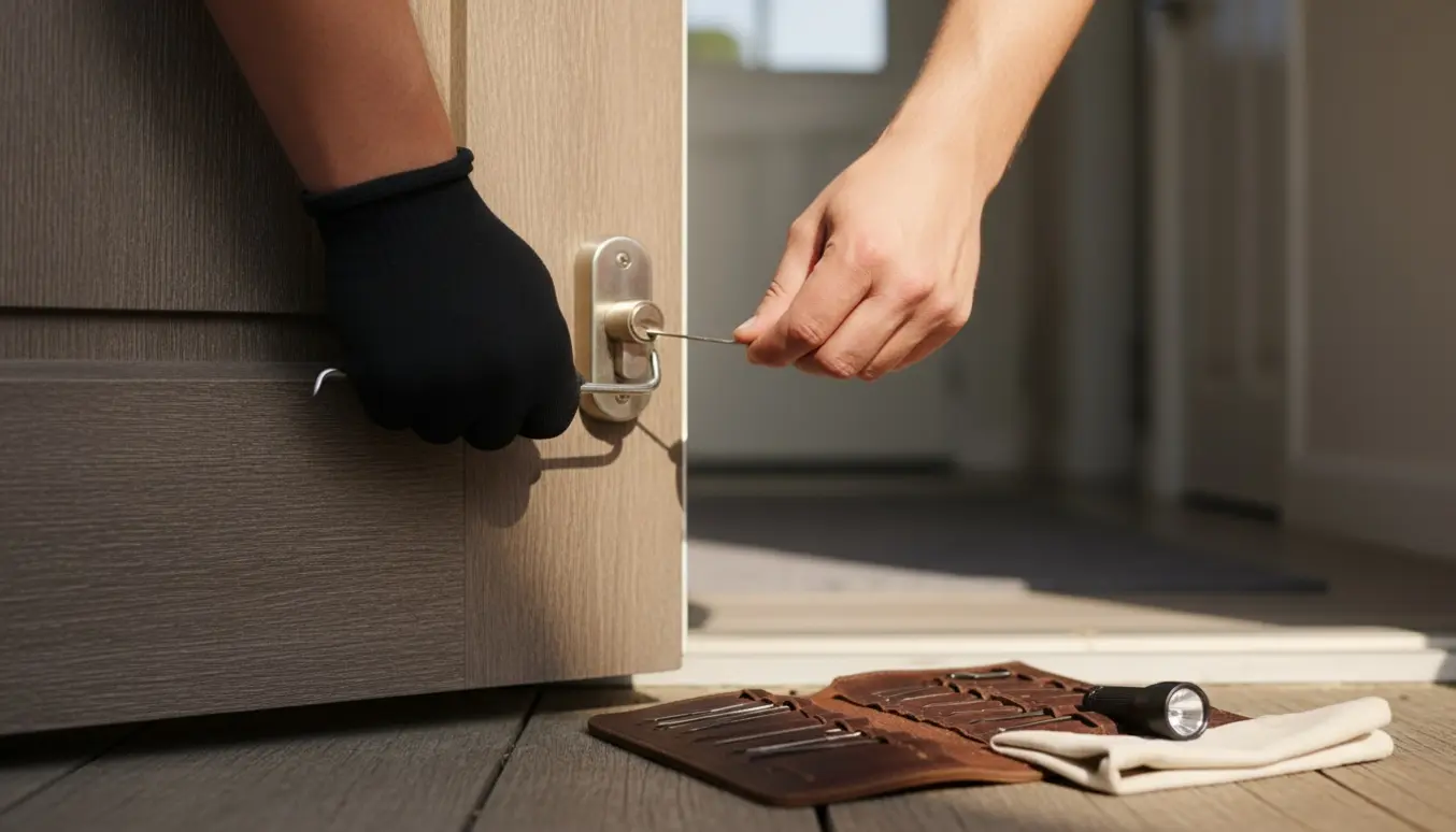 En låsesmed åbner en privat hoveddør med låseværktøj, kun hænder er synlige.