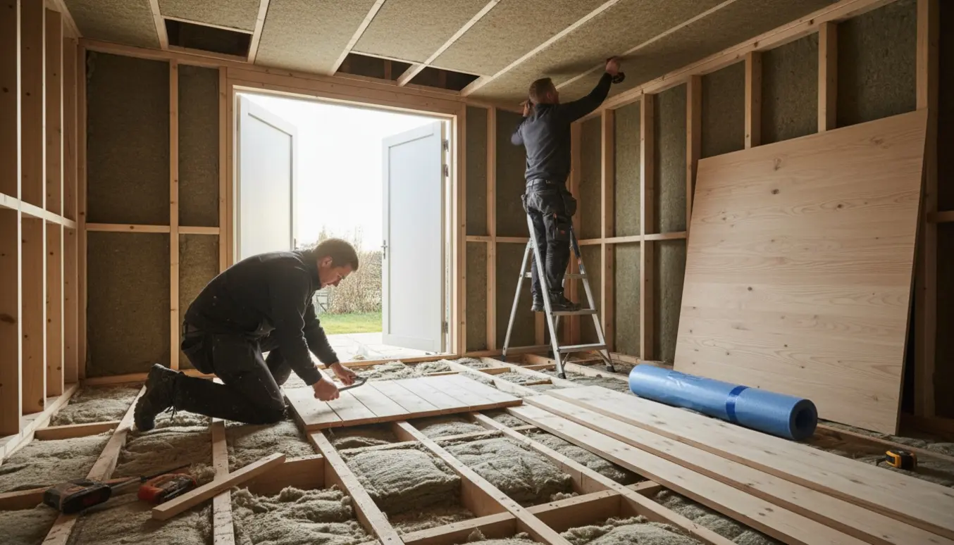 To håndværkere isolerer et skur med nyt gulv, troldtektloft og birkefiner vægge.