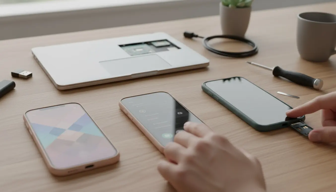 Hænder organiserer Apple‑id på tre smartphones ved siden af en åben bærbar med Wi‑Fi‑modul og værktøj.