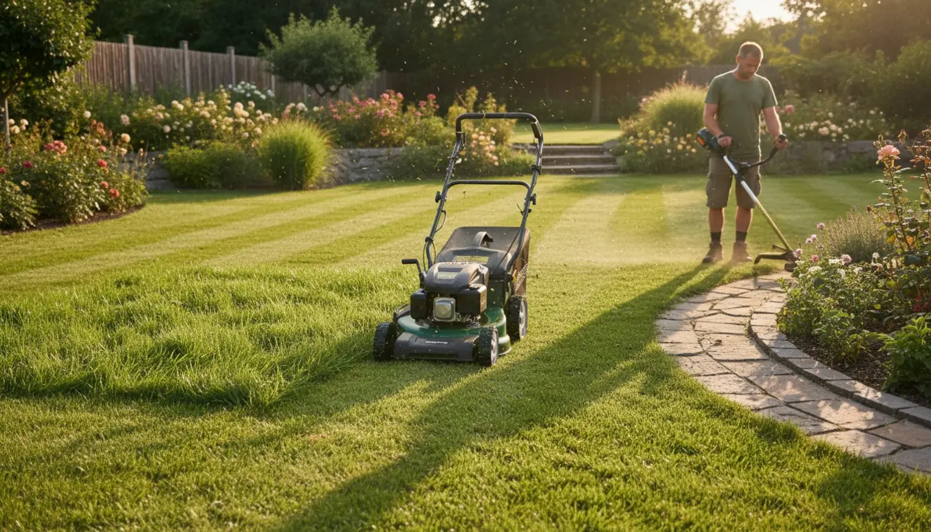 Stor have med delvist slået 20–25 cm græs, en gåplæneklipper i arbejde og en trimmer ved blomsterbedet.