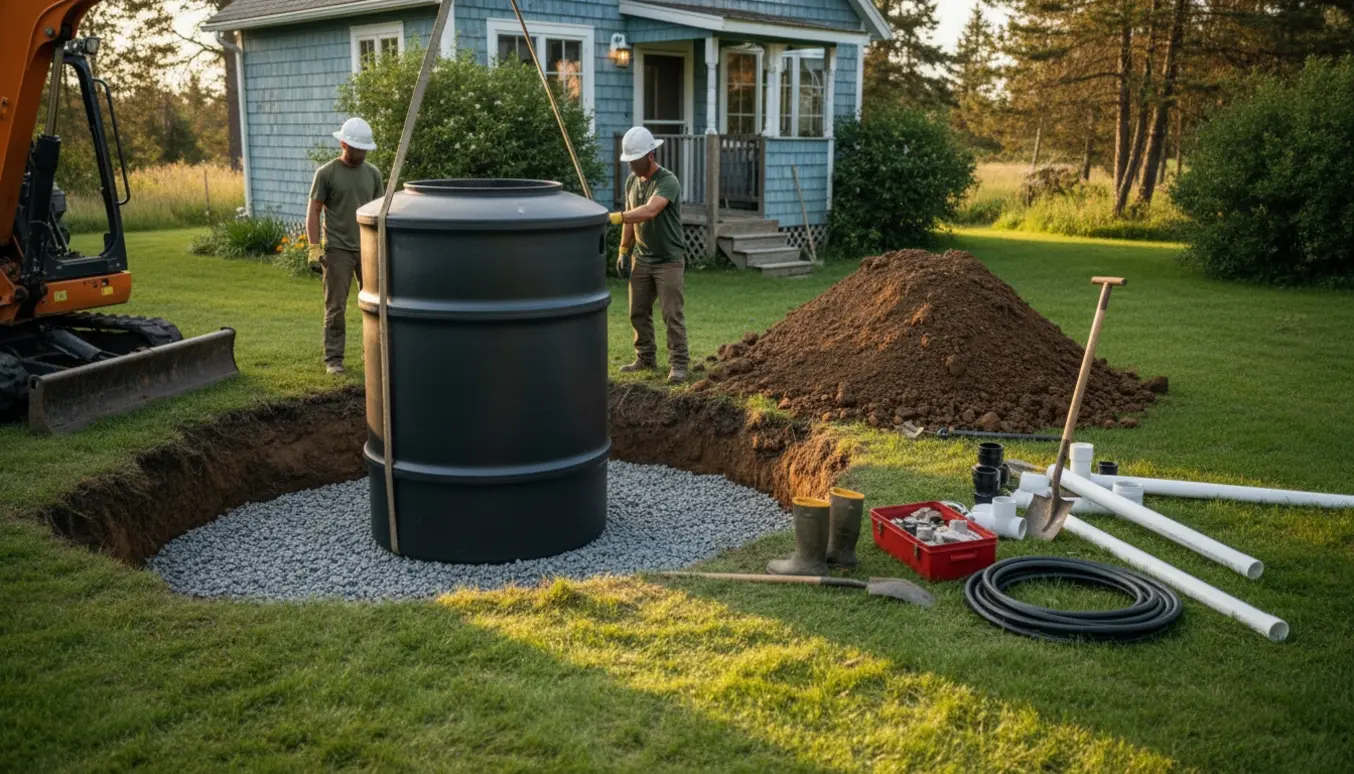 En ny septiktank sænkes ned i et udgravet hul i haven ved et sommerhus, omgivet af værktøj og rør.