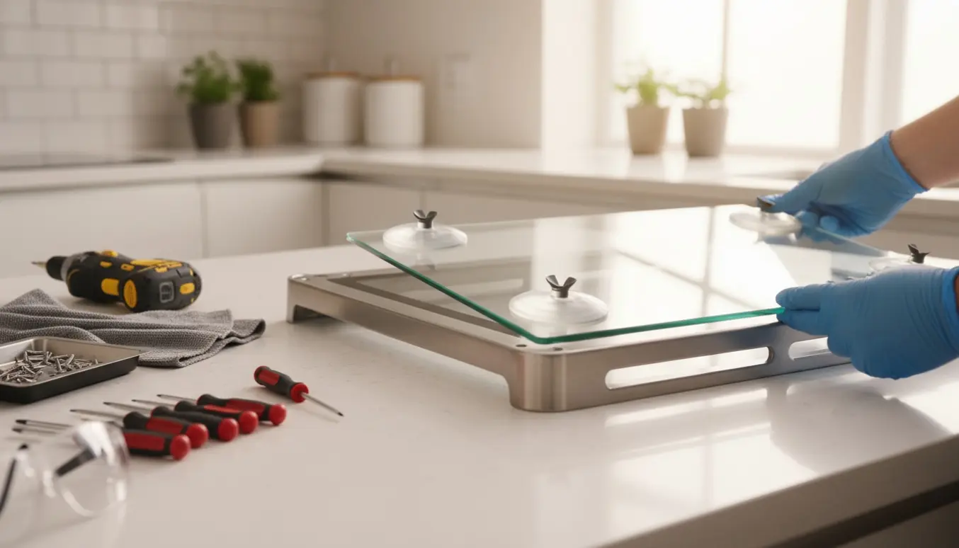 Hænder monterer nyt yderglas på ovndør i et lyst, moderne køkken.