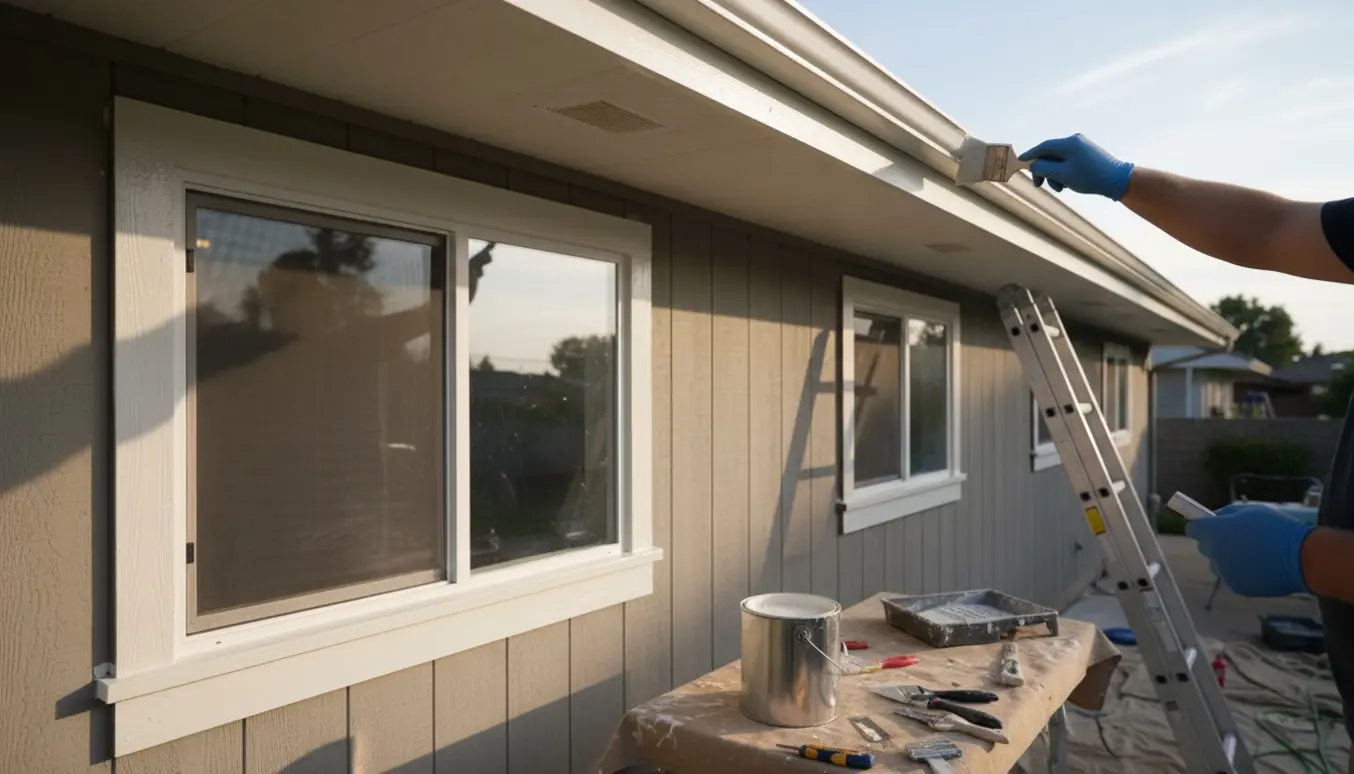 Nærbillede af udvendig maling af udhæng og vinduesrammer på et étplans hus.