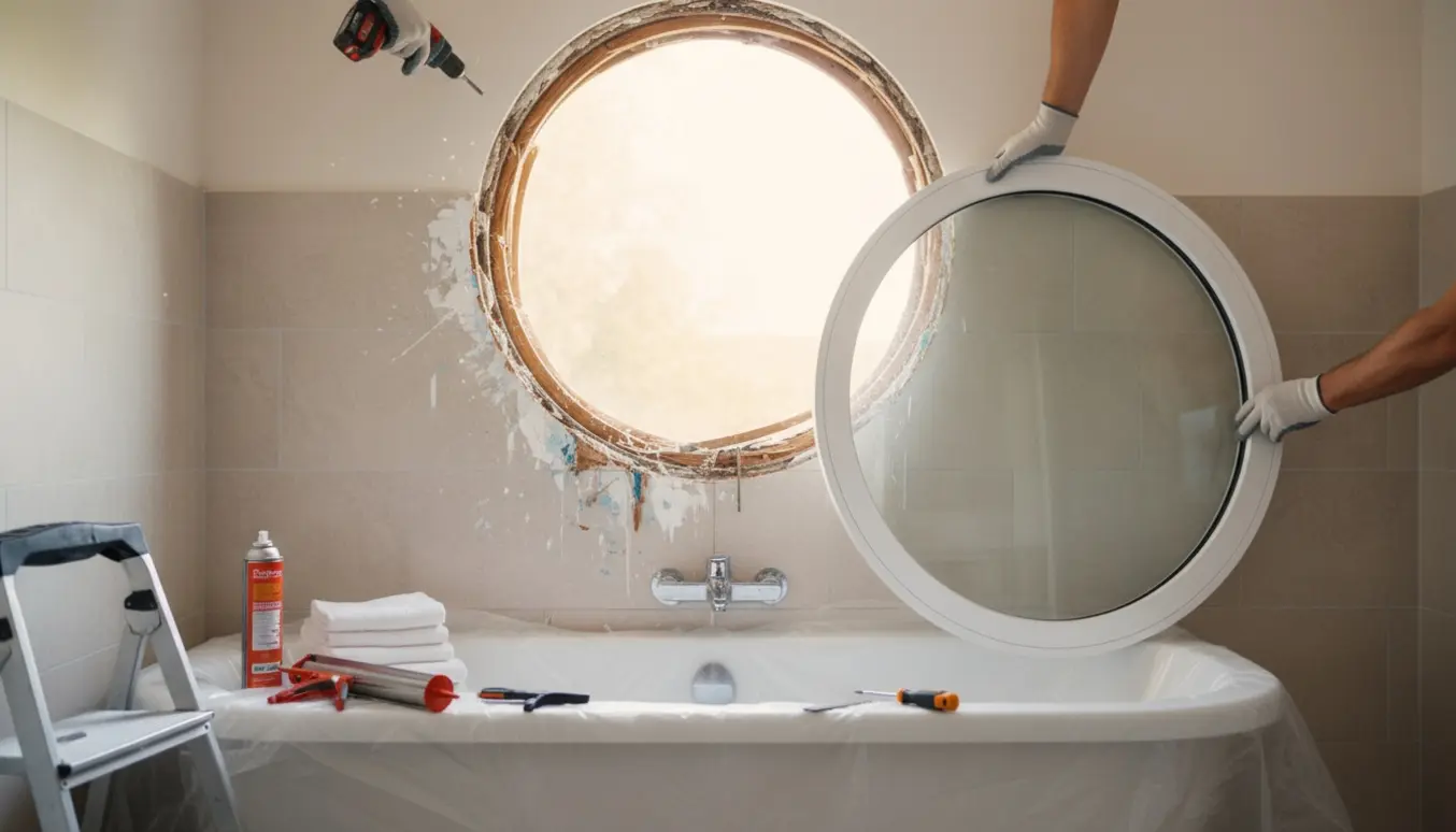 Håndværker udskifter et rundt vindue over et badekar med nyt hvidt plastikvindue og beskyttelsesplast under.