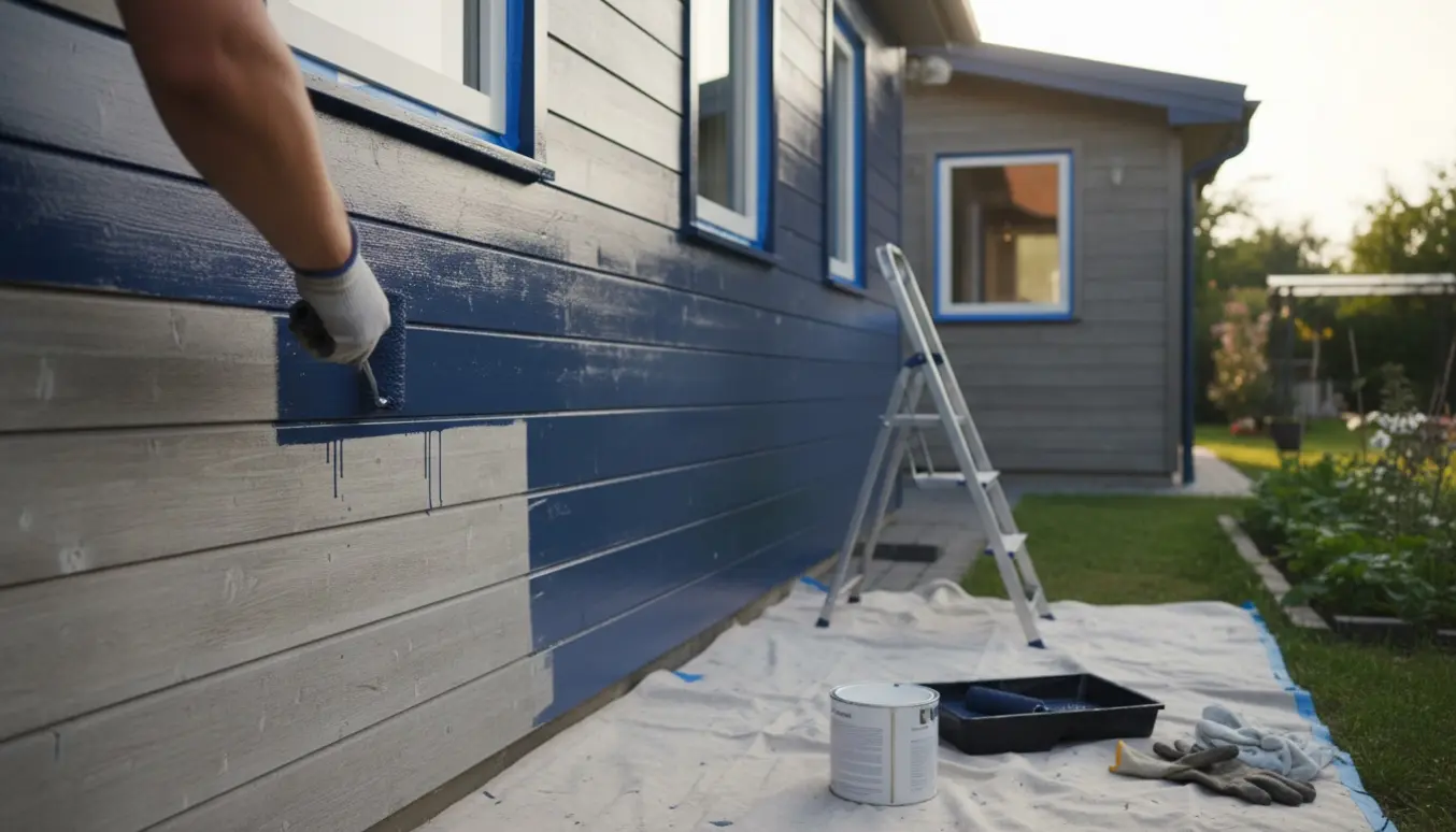 Sidste penselstrøg på et træhus og anneks med åben malerkande og stige i baggrunden.