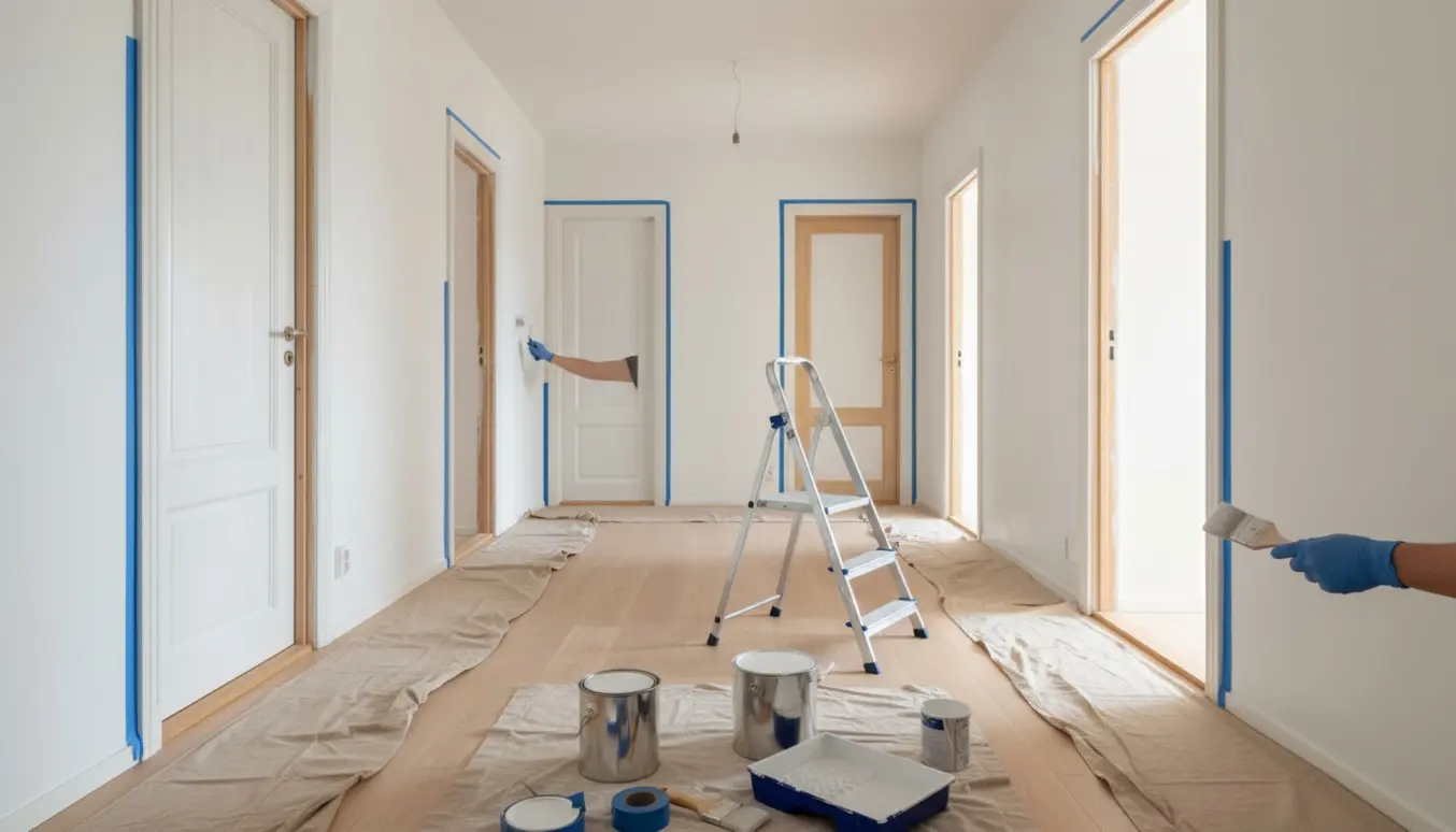 Hvidmalede vægge og træværk ved fem indvendige døre under maling med malerudstyr i dagslys.