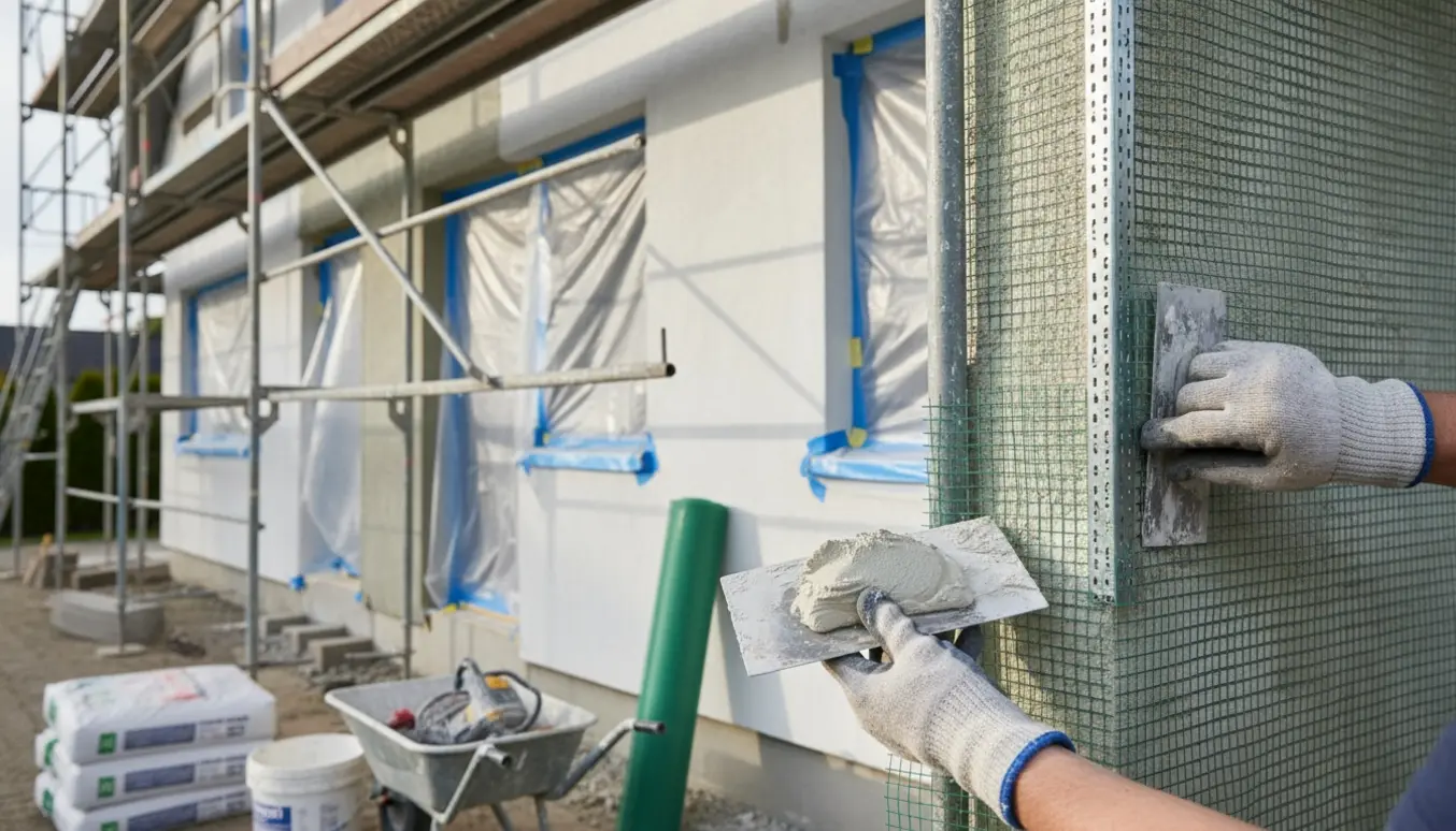 Stillads omkring et hus, hvor håndværkere monterer hvidt netpuds og hjørneprofiler, og vinduerne er afdækket.