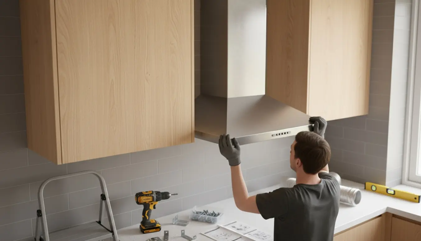 Hænder monterer en rustfri emhætte under et lyst fladtpakket køkkenskab med boremaskine og værktøj.