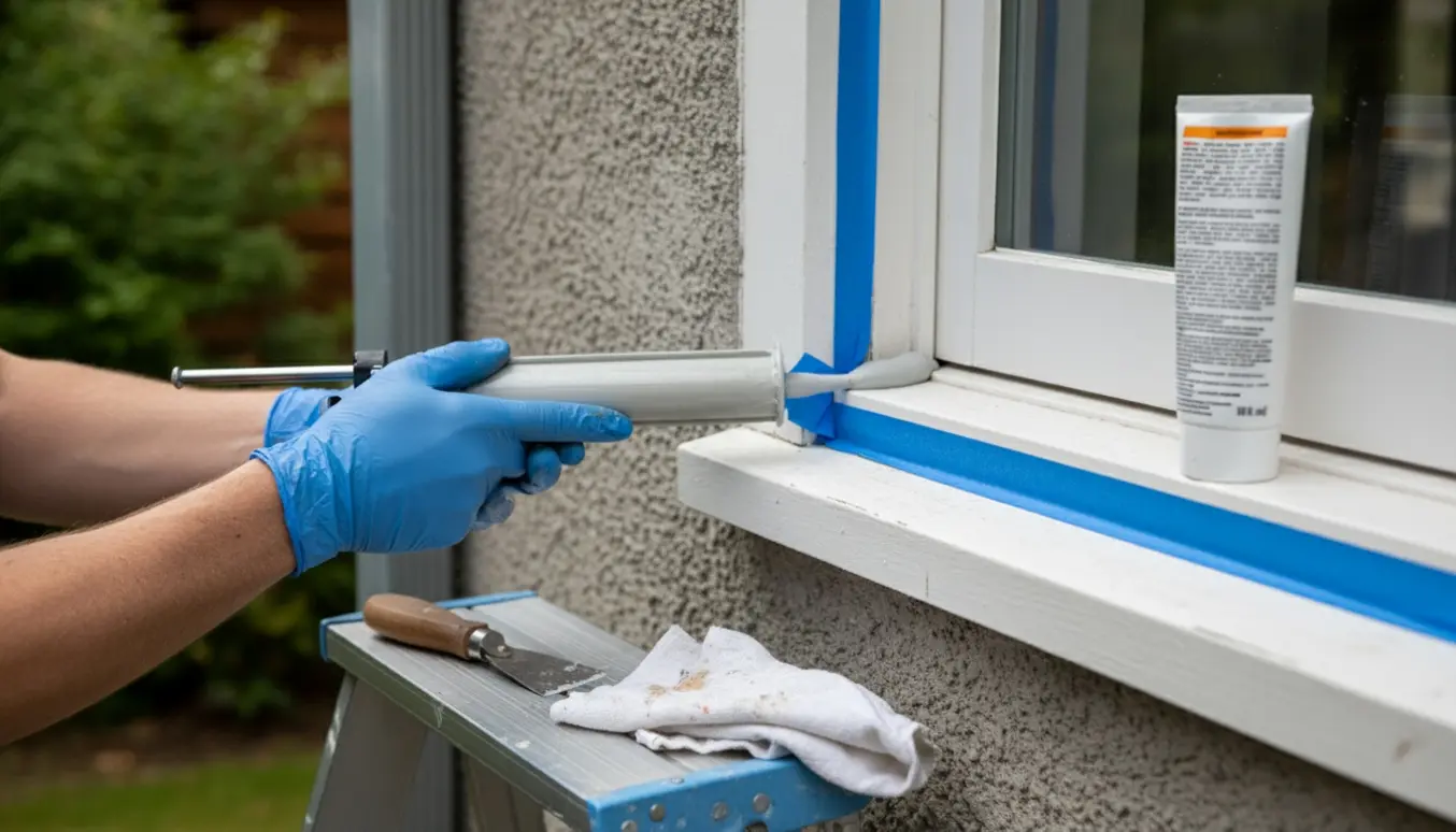 Nærbillede af hænder, der lægger ny fuge langs et vindue udvendigt.