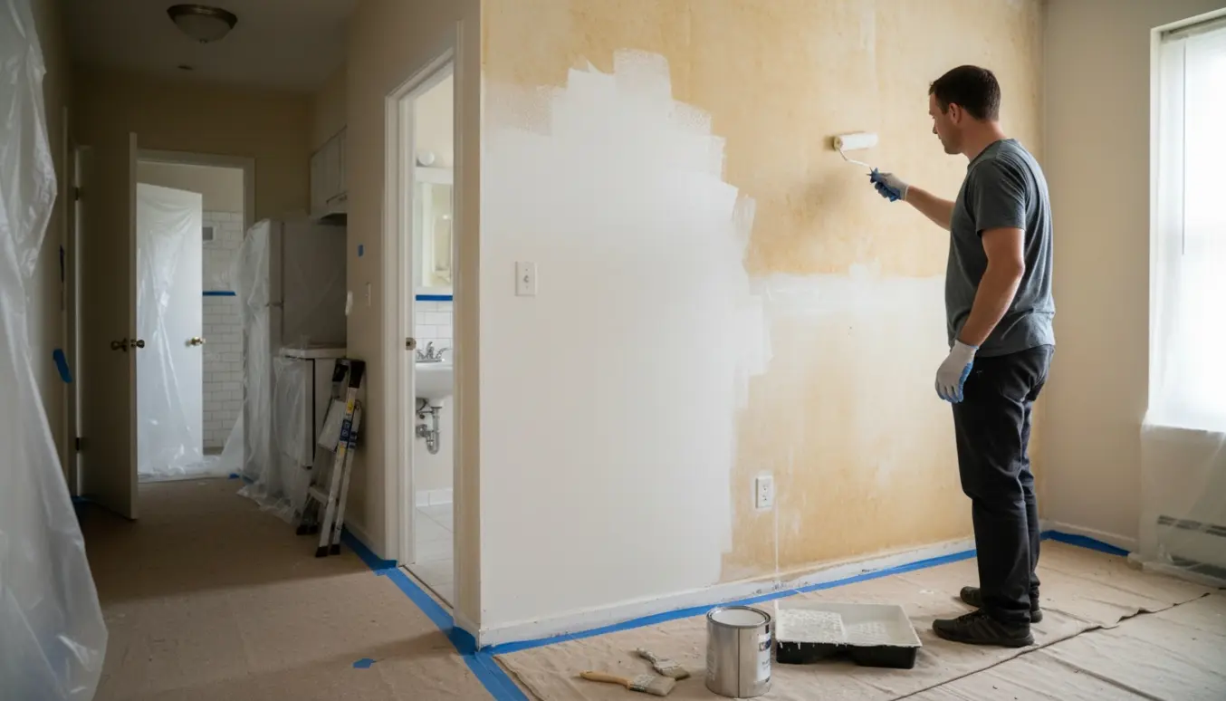 En maler ruller indkapslingsmaling på en nikotinfedtet væg i en lejlighed med afdækkede møbler.